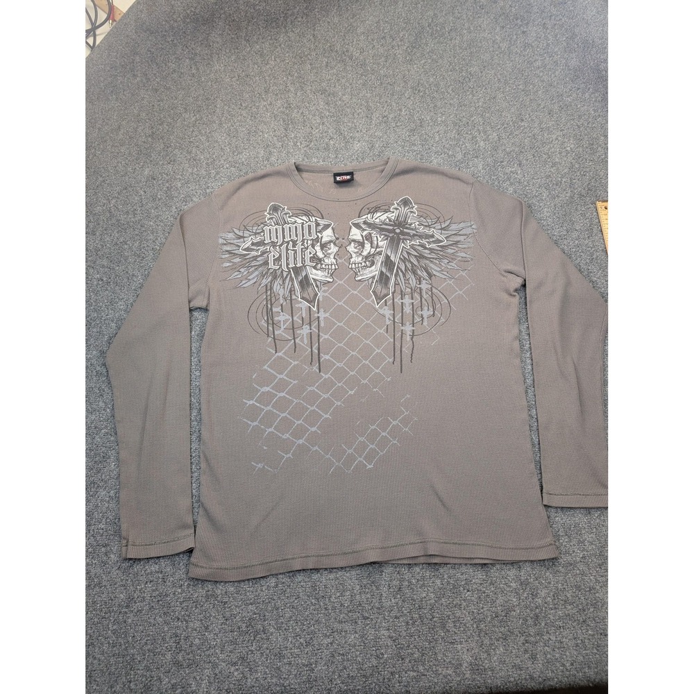 MMA Elite Shirt Mens 2XL Gray Waffle Thermal Long Sleeve‎ Skull Cross Graphic